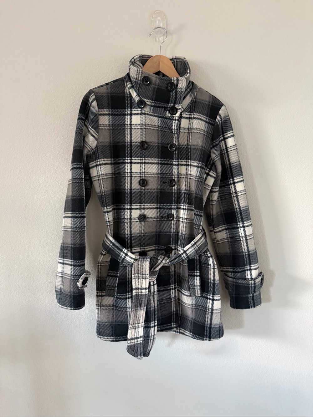 Ike Behar Plaid Belted Fleece Jacket S Black Gray Cream